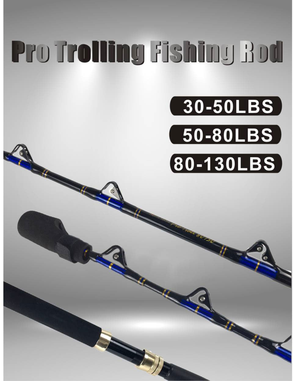 Topline Pro Series 5'6" FRP Trolling Rod – 30-50lb / 50-80lb / 80-130lb, Nylon Straight Butt, 5+1 Roller Guides
