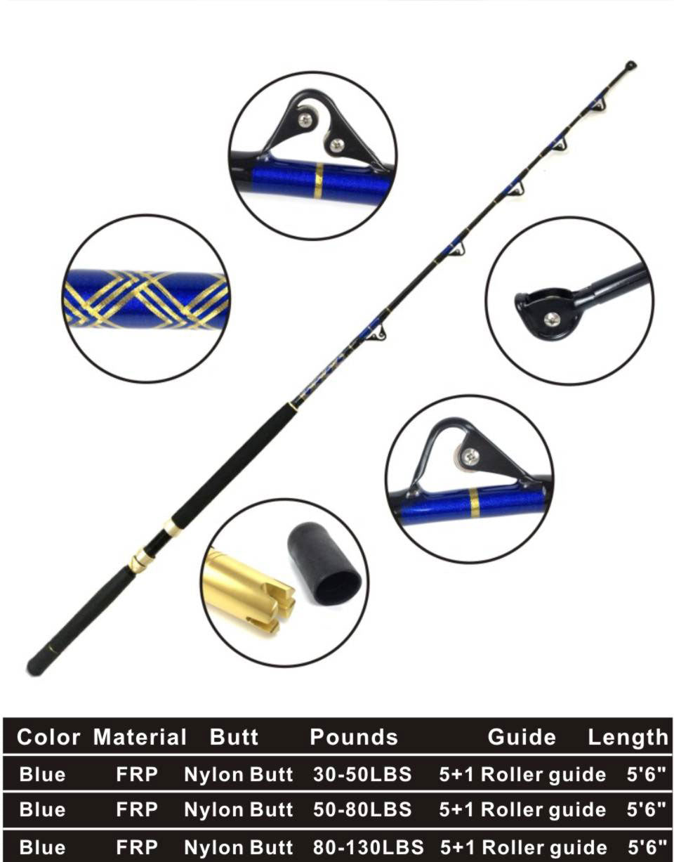 Topline Pro Series 5'6" FRP Trolling Rod – 30-50lb / 50-80lb / 80-130lb, Nylon Straight Butt, 5+1 Roller Guides