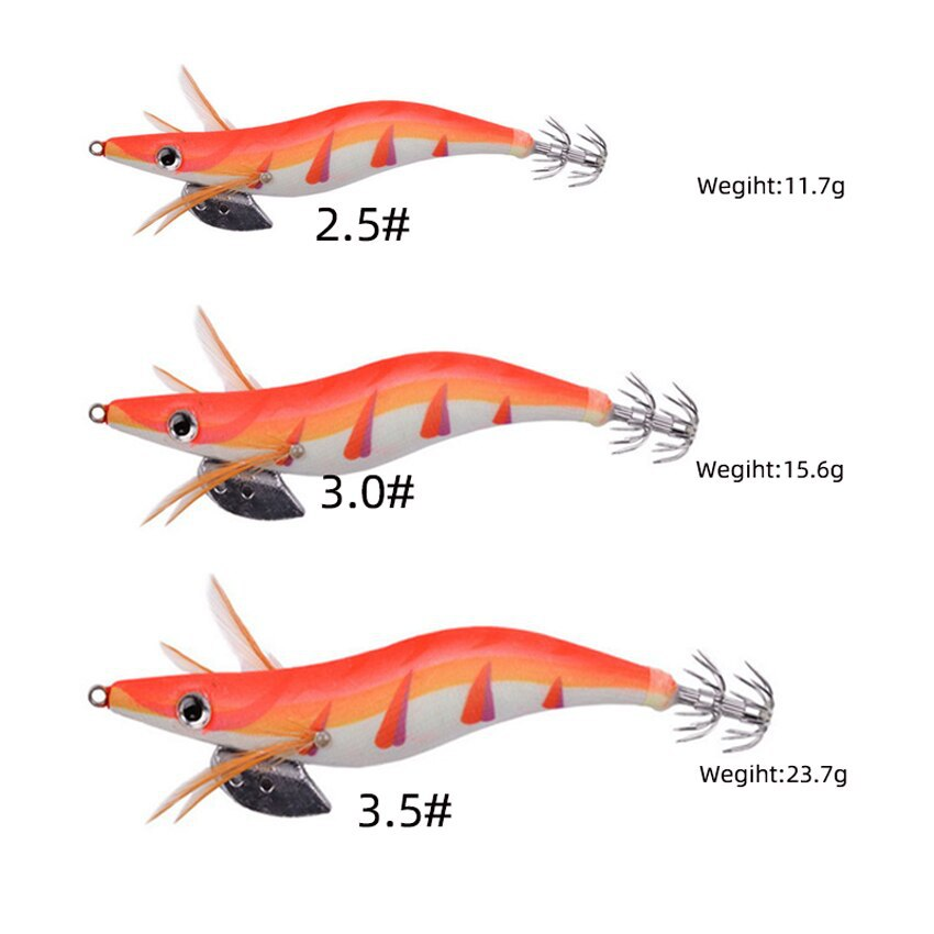 Size comparison of squid jigs: 2.5, 3.0, and 3.5