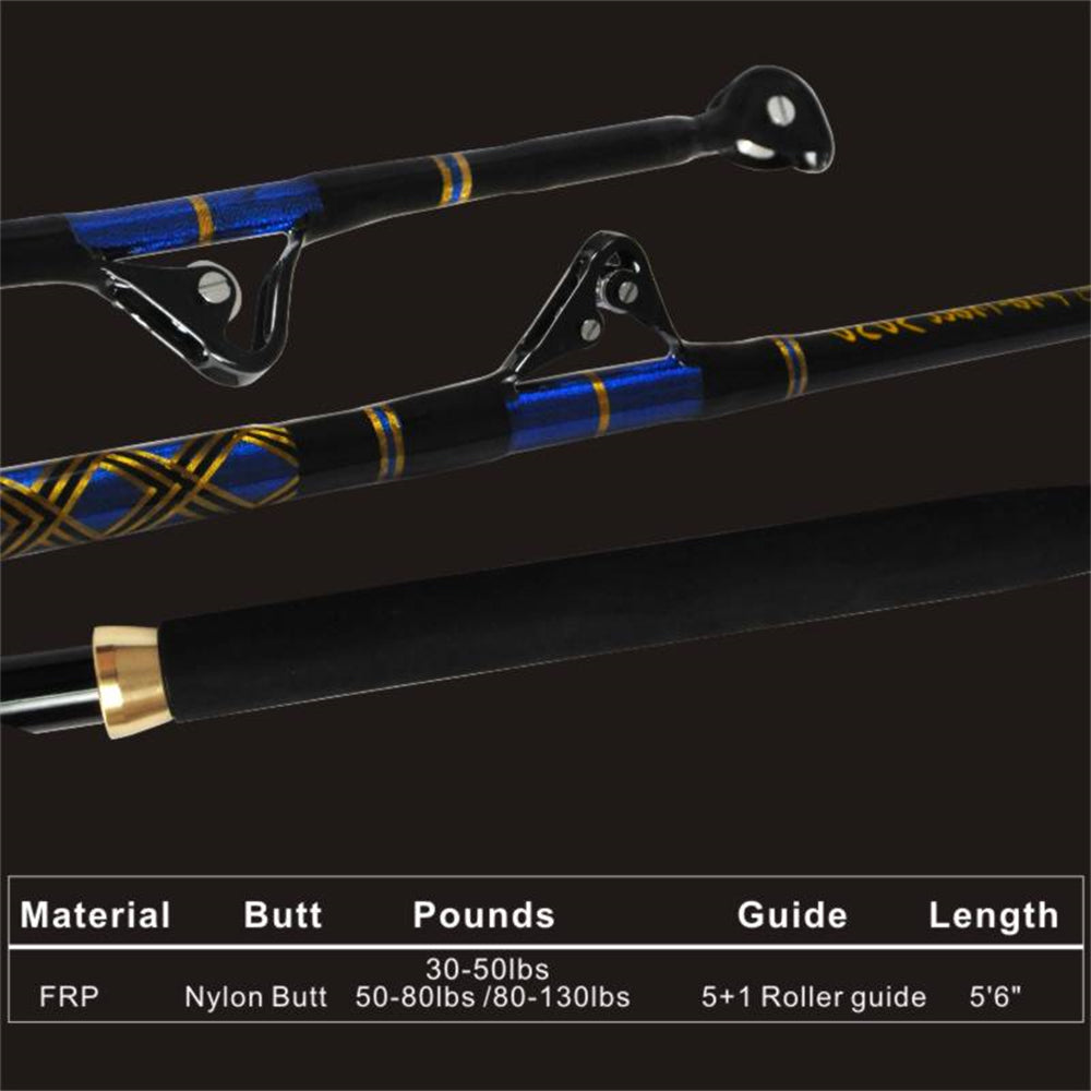 Technical specification diagram of the TOPLINE XMGS 5'6" trolling rod including material, length, and components