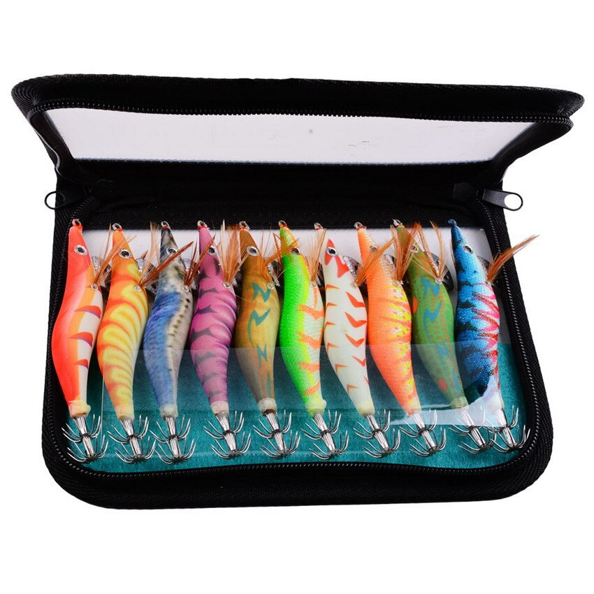 10-piece luminous squid jig set with multiple colors for night fishing