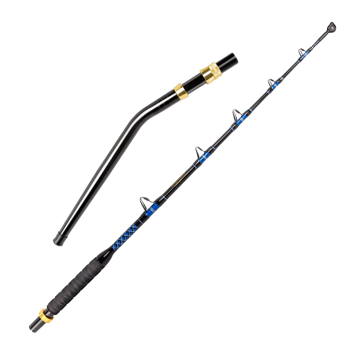 Full view of Topline Tackle blue trolling fishing rod 5'6" with 5+1 stainless steel roller guides for big game fishing