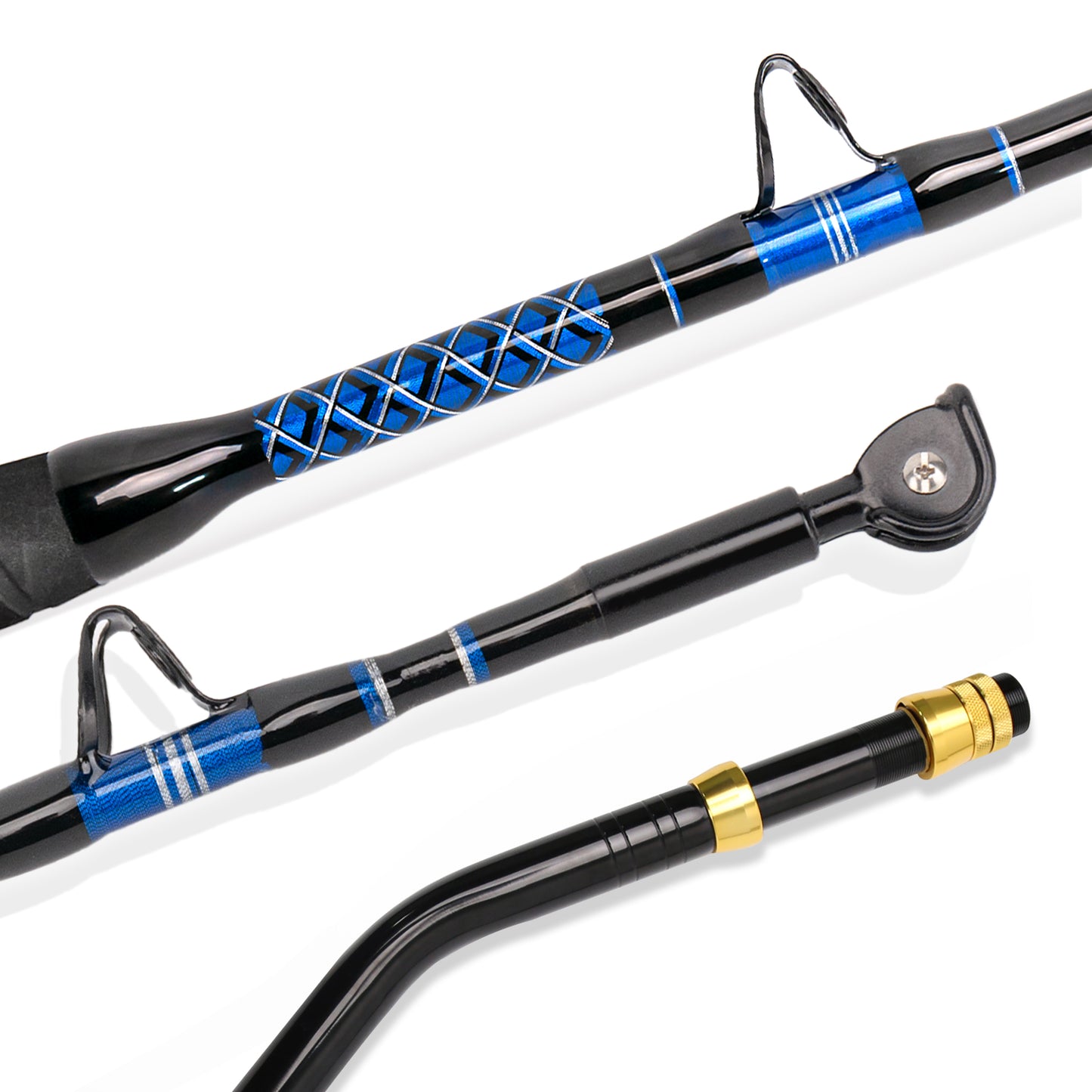 Stainless steel roller guides on lightweight carbon Topline trolling rod – smooth line flow for heavy drag control
