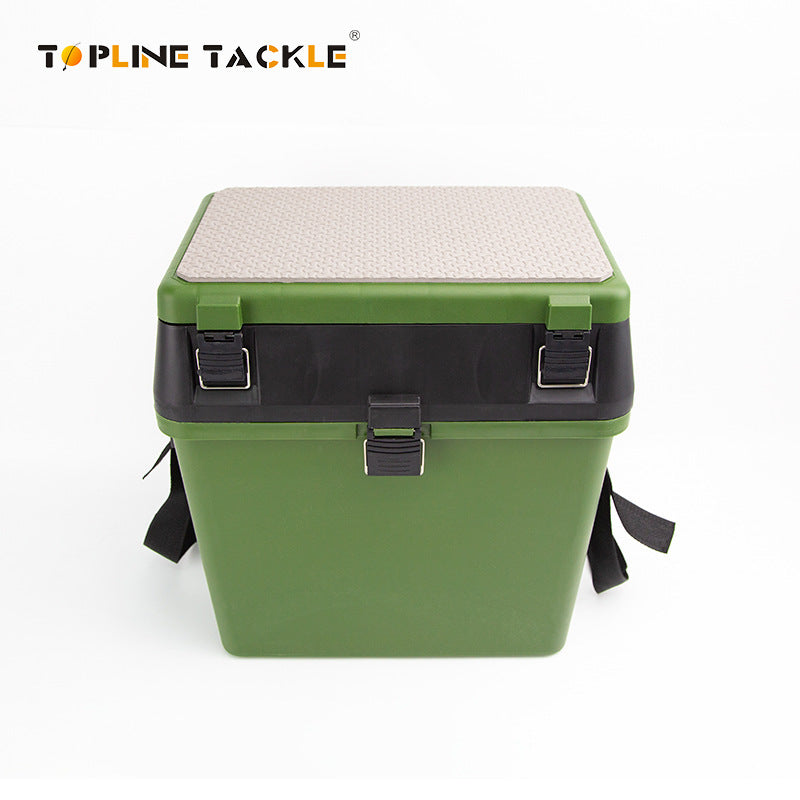 Topline Tackle green multifunction fishing tackle box with shoulder strap – front angle