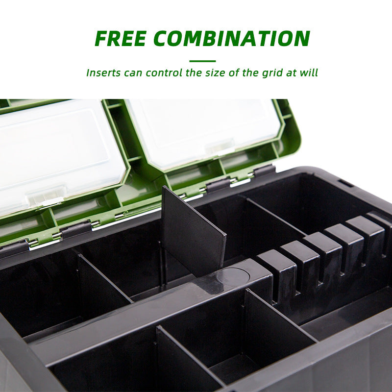 Open fishing tackle box with organized compartments for bait, lures, and tools