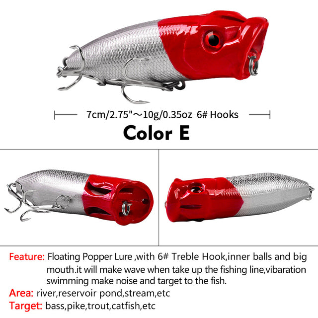 Topline popper in Color E silver body with red head for high visibility and surface attraction