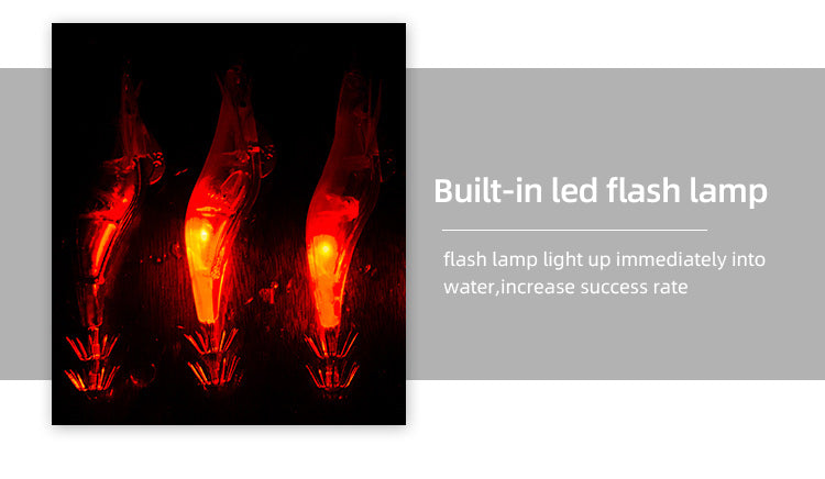 LED squid jigs flashing underwater while fishing at night for squid and cuttlefish