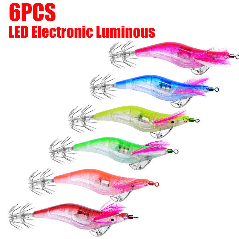 Close-up view of the LED squid jig showing detailed shrimp design and stainless steel hooks