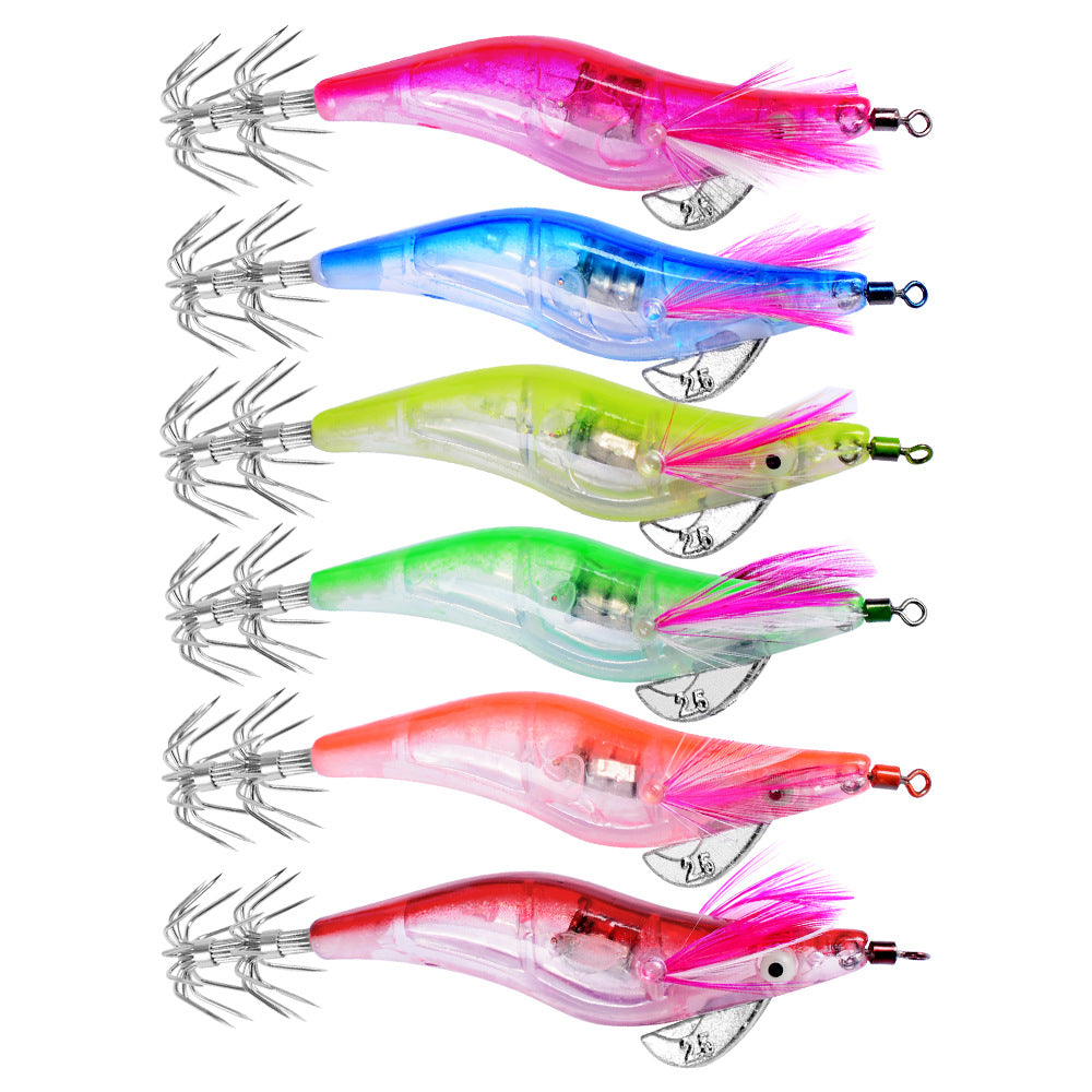 Full set of 6 Topline Tackle electronic flashing squid jigs with assorted luminous colors
