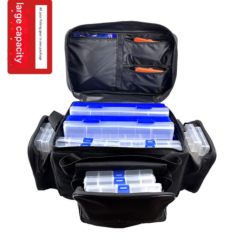 Black single strap fishing tackle bag with large storage capacity for lures and tools