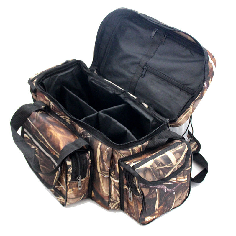 Khaki-colored single shoulder lure bag with multiple compartments and zippered pockets