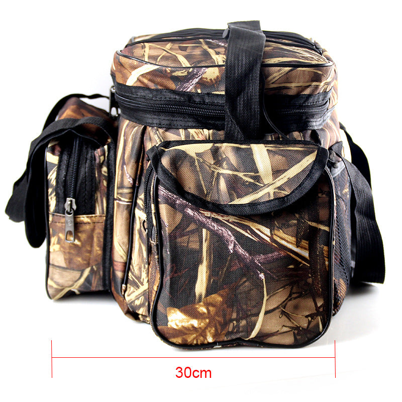 Side view of Topline Tackle khaki sling fishing bag showing durable strap and compartments