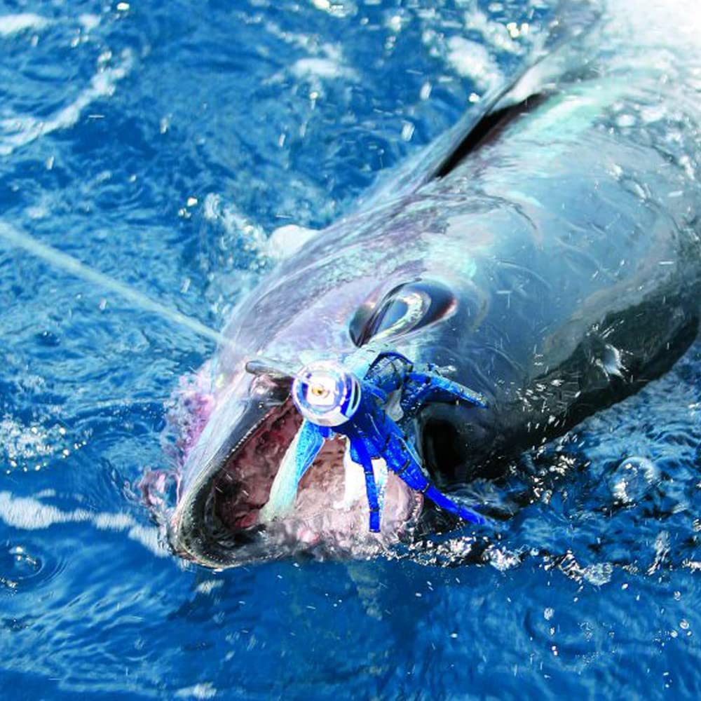 Pre-rigged stainless steel hook detail – heavy-duty setup ready for saltwater big game strikes