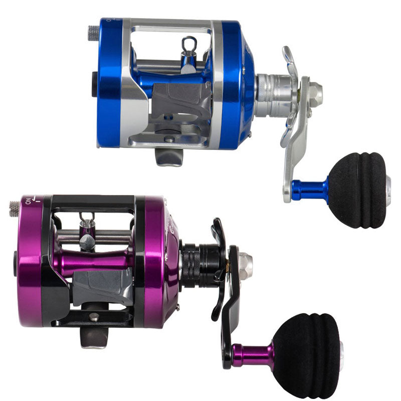 Front view of Topline YH001 blue baitcasting reel with 6+1 bearings and all-metal body for saltwater fishing