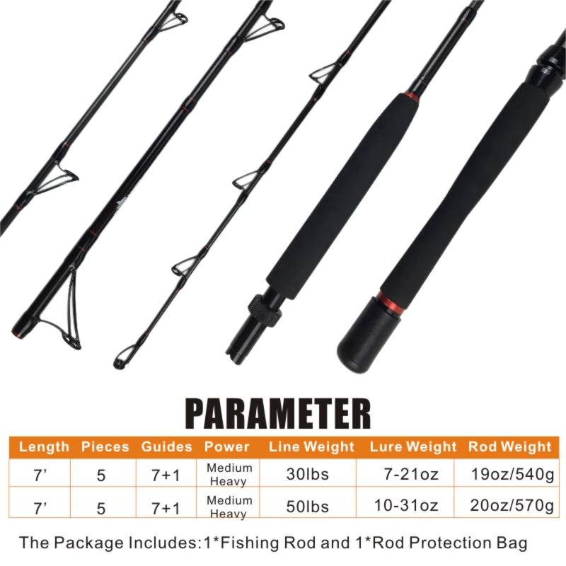 Side-by-side comparison of Topline 30lb and 50lb trolling rods showing thickness and guide spacing