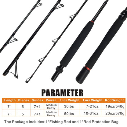 Side-by-side comparison of Topline 30lb and 50lb trolling rods showing thickness and guide spacing
