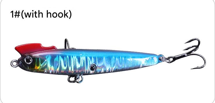 Blue Topline “Spicy Bullet” sinking minnow lure equipped with sharp treble hooks for bass and saltwater fishing