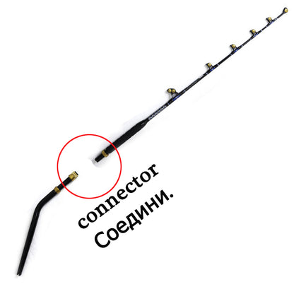 The Topline Trolling Rod Butt shown securely connected to a fishing reel, ready for offshore trolling.
