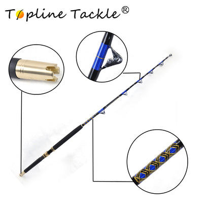 Full length view of the TOPLINE XMGS 5'6" trolling fishing rod showing rod length and roller guide positions