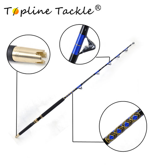 Full length view of the TOPLINE XMGS 5'6" trolling fishing rod showing rod length and roller guide positions