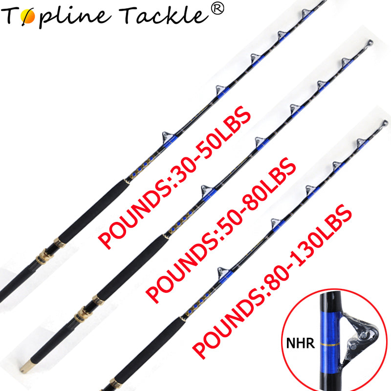 Size selection chart for TOPLINE XMGS trolling rods, showing 30lb to 130lb models for deep sea fishing