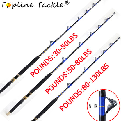 Size selection chart for TOPLINE XMGS trolling rods, showing 30lb to 130lb models for deep sea fishing