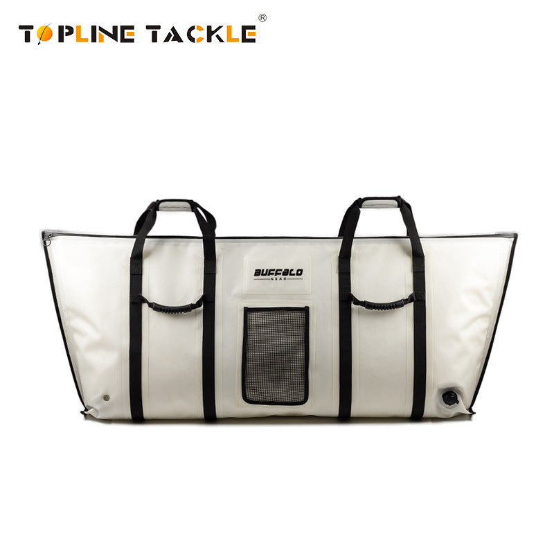 Large capacity waterproof insulated fishing cooler bag in white, front view for offshore and tuna fishing.