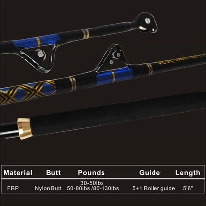 Technical specification diagram of the TOPLINE XMGS 5'6" trolling rod including material, length, and components