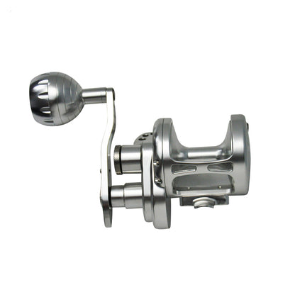 	Close-up of aluminum body jigging reel