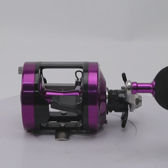 Topline YH001 purple casting reel attached to rod – ideal for jigging, ocean rock, and stream fishing