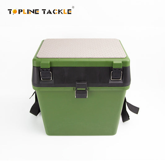 Topline Tackle green multifunction fishing tackle box with shoulder strap – front angle