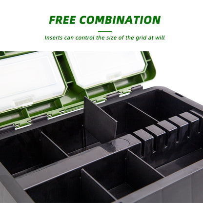  Open fishing tackle box with organized compartments for bait, lures, and tools
