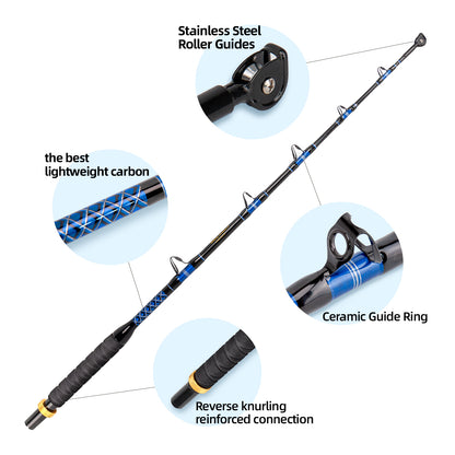  Close-up of heavy-duty knurled locking nut and reinforced connection on Topline trolling rod for strength and durability

