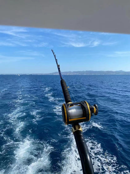  Rod mounted on boat rod holder during deep sea trolling.

