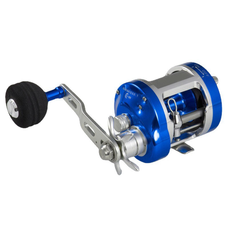 Side angle of Topline YH001 blue drum reel showing aluminum spool and smooth casting design