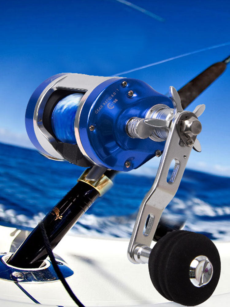  Topline YH001 blue reel mounted on fishing rod ready for saltwater boat fishing use