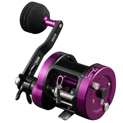 Front view of Topline YH001 purple baitcasting reel – lightweight aluminum body and high-speed gear ratio

